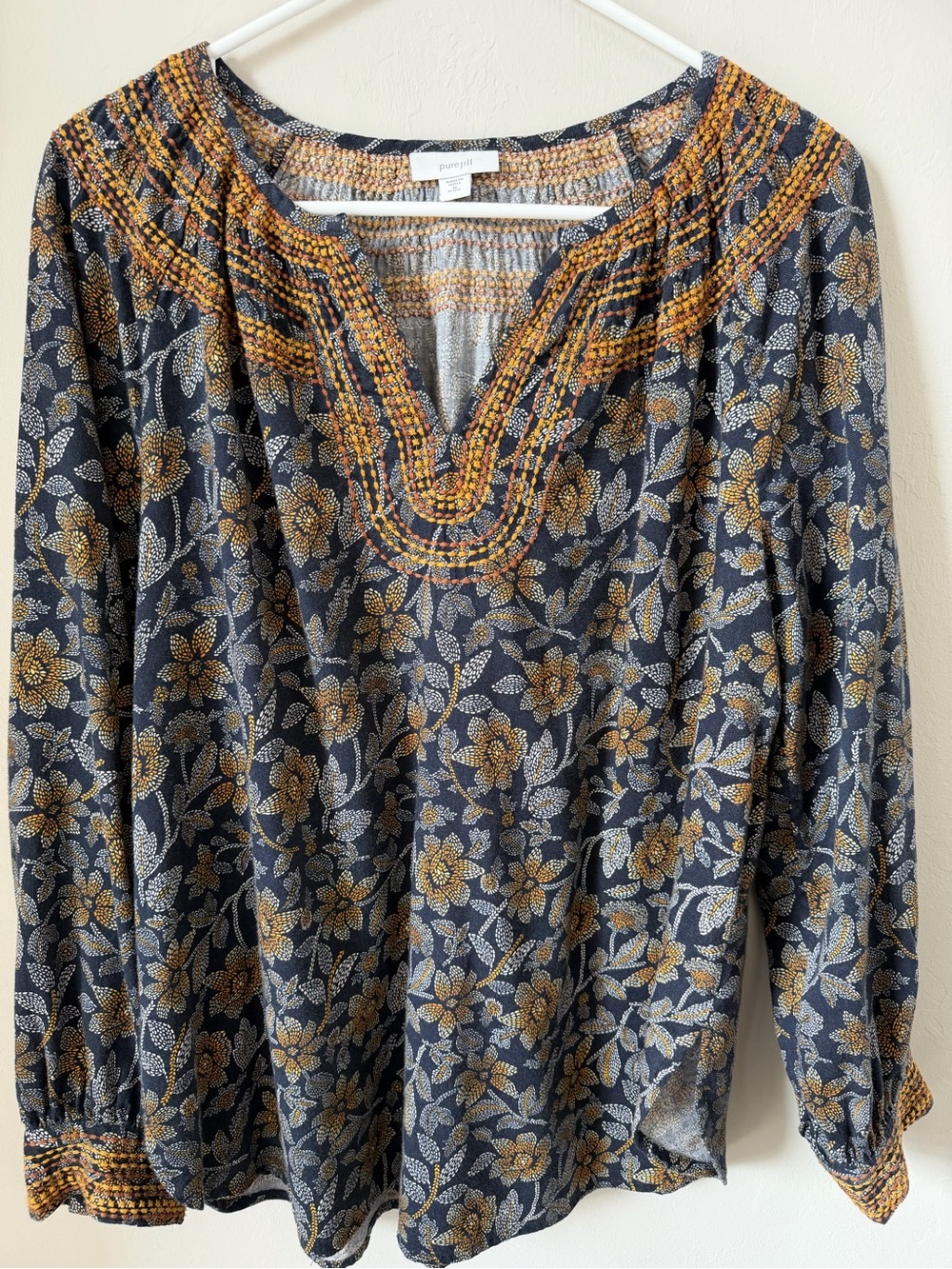 J. Jill Navy Floral Smocked V-Neck Blouse